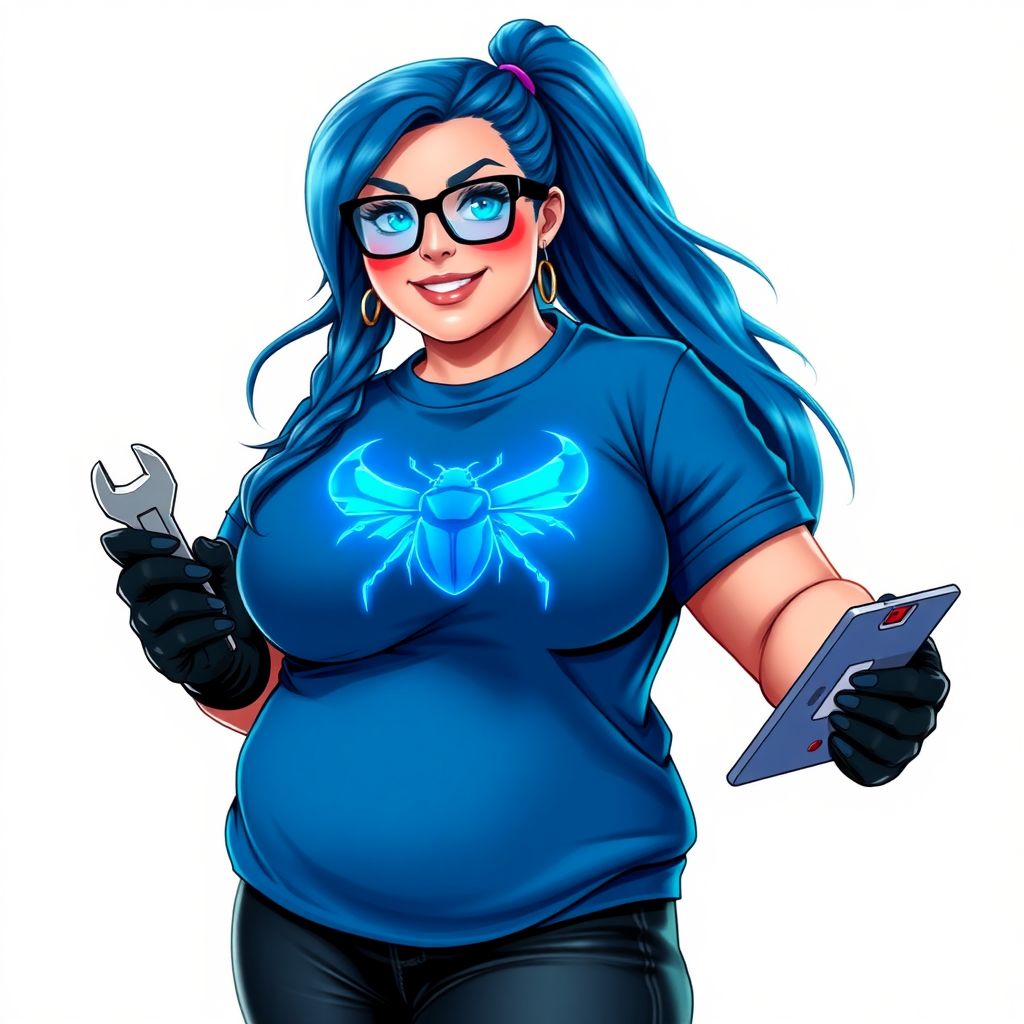 A 28-year-old, full-figured computer hacker and tech wiz, she is the girlfriend of a cyberpunk vigilante. Her long maximum blue ponytail, and striking, bright blue eyes make her stand out. Her wrecking ball-sized midsection, sequoia-sized limbs, and broad shoulders define her full figure, which has been heavily pampered by her doting boyfriend. Her nerdiness is blatantly obvious, and she serves as her boyfriend’s tech expert.

As the loyal and supportive sidekick, she plays a crucial role in their missions, using her digital and technological prowess to assist and protect. She wears an oversized maximum blue t-shirt adorned with a glowing neon blue beetle chest icon, black oversized eyeglasses, and black high-tech gloves. She beams with a neon red blush, holding a futuristic wrench and a digital holographic tablet. She is on a solid white background. She is drawn as if she was in a retro 2D cyberpunk fighting game.