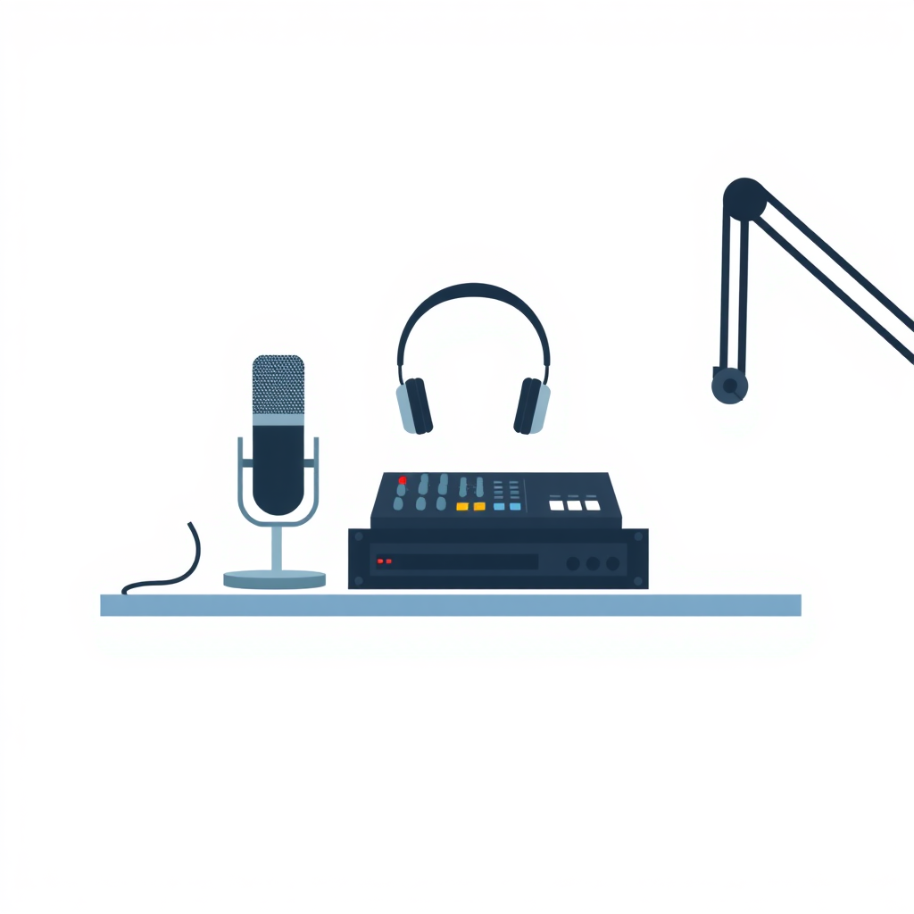 A minimalist, flat design illustration of a podcast setup. The image should include a microphone, headphones, and a sound mixer or audio interface on a simple desk or tabletop. The background should be a plain, neutral color like white, gray, or light blue. The overall style should be clean, modern, and visually appealing as a generic stock image for podcasting.