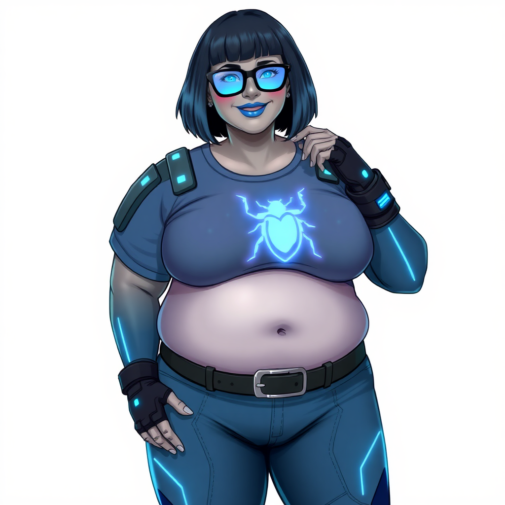 A 28-year-old, full-figured, metallic middle gray (N5) skinned computer program hybrid with a maximum blue bob cut. She has a non-athletic build, highlighted by a prominent, round, large midsection (with emphasis on her belly), which shows the effects of her new love of junk food acquired from her boyfriend. As the full-figured, nerdy, digital sidekick to her cyberpunk vigilante boyfriend, her metallic middle gray skin and maximum blue lipstick (5PB 5/12) emphasize her digital nature. Her skin has a subtle, animated glow, with digital patterns occasionally flickering across it, making her digital nature obvious. She wears a digital, computerized costume, consisting of a huge, tight-fitting, maximum blue t-shirt (5PB 5/12) with a neon blue glowing chest icon of a beetle, hi-tech shoulder pads with neon blue accents, a black hi-tech belt with a digital neon blue glowing buckle, digital maximum blue biker pants (5PB 5/12) with neon blue accents, and black hi-tech fingerless biker gloves with neon blue glowing accents. Her neon blue glowing eyes, black eyeglasses with neon blue glowing lenses equipped with a built-in HUD, and bashful smile with neon red blush accentuate her nerdiness. She stands bashfully with one hand behind her back and the other hand gently touching her cheek, her costume covering all her skin and emphasizing her full-figured physique (especially her belly). She is clearly non-athletic, with a focus on her full-figured physique. Despite her build, she radiates beauty. She has a slim face compared to her physique, accentuating her radiant beauty. She is on a solid white background. She is drawn as if she were in a retro 2D cyberpunk fighting game.