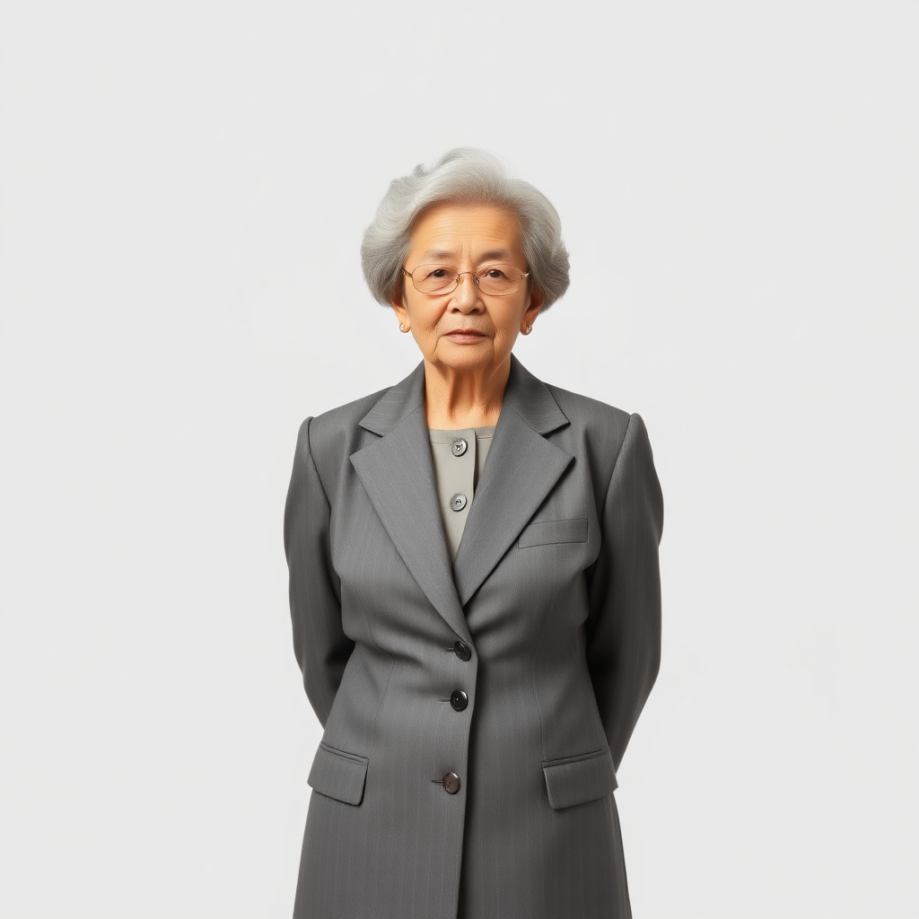 80 age old korean woman, front, woman suit, photo studio background,