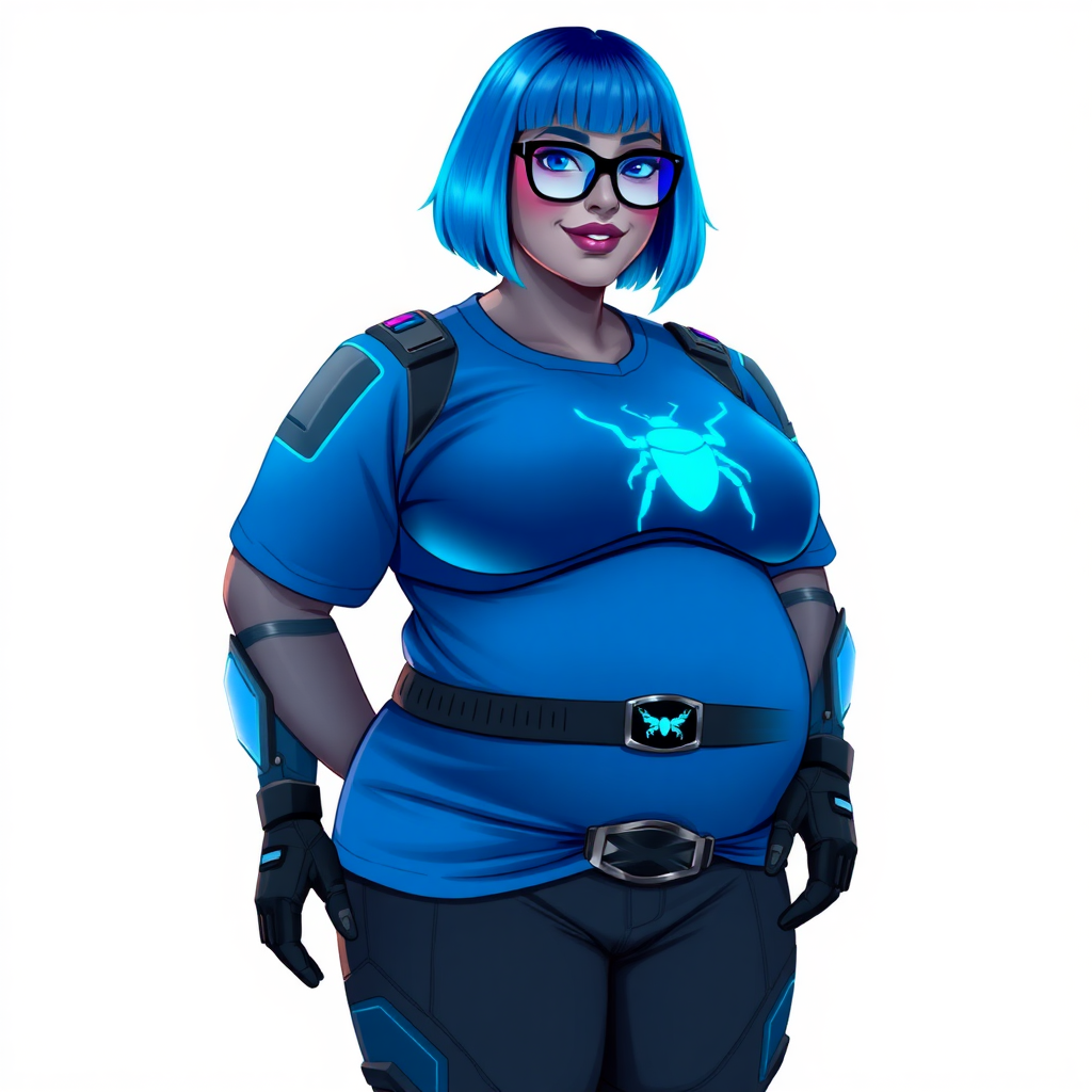 A 28-year-old, full-figured, metallic middle gray skinned computer program hybrid with a vibrant maximum blue bob cut. She has a non-athletic build, highlighted by a prominent, round, large midsection (fully emphasizing her round large belly) while being covered by her large t-shirt, reflecting her new junk food eating habits influenced by her boyfriend. As the full-figured, nerdy, digital sidekick to her cyberpunk vigilante boyfriend, her middle gray metallic skin and maximum blue lipstick underscore her digital essence. She dons a digital, computerized outfit: a large, tight-fitting, high-tech, maximum blue t-shirt with neon blue glowing beetle themed accents complete by a giant neon blue glowing beetle icon on the chest, hi-tech shoulder pads with neon blue accents, a black hi-tech belt with a digital sapphire beetle buckle, digital maximum blue pants with neon blue accents, and black hi-tech gloves with neon blue glowing accents. Her neon blue glowing eyes, black eyeglasses with neon blue lenses equipped with a built-in HUD, and shy smile with neon red blush highlight her nerdiness. She stands bashfully with one hand behind her back and the other gently touching her cheek, her outfit covering all her bare skin and fully emphasizing her full-figured physique (especially her large belly). She is clearly non-athletic, with a full focus on her full-figured physique (with full emphasis on her round large belly). Despite her build, she radiates beauty. Her slim face contrasts with her physique, accentuating her radiant beauty. She is set against a solid white background. She is drawn as if she were in a retro 2D cyberpunk fighting game.