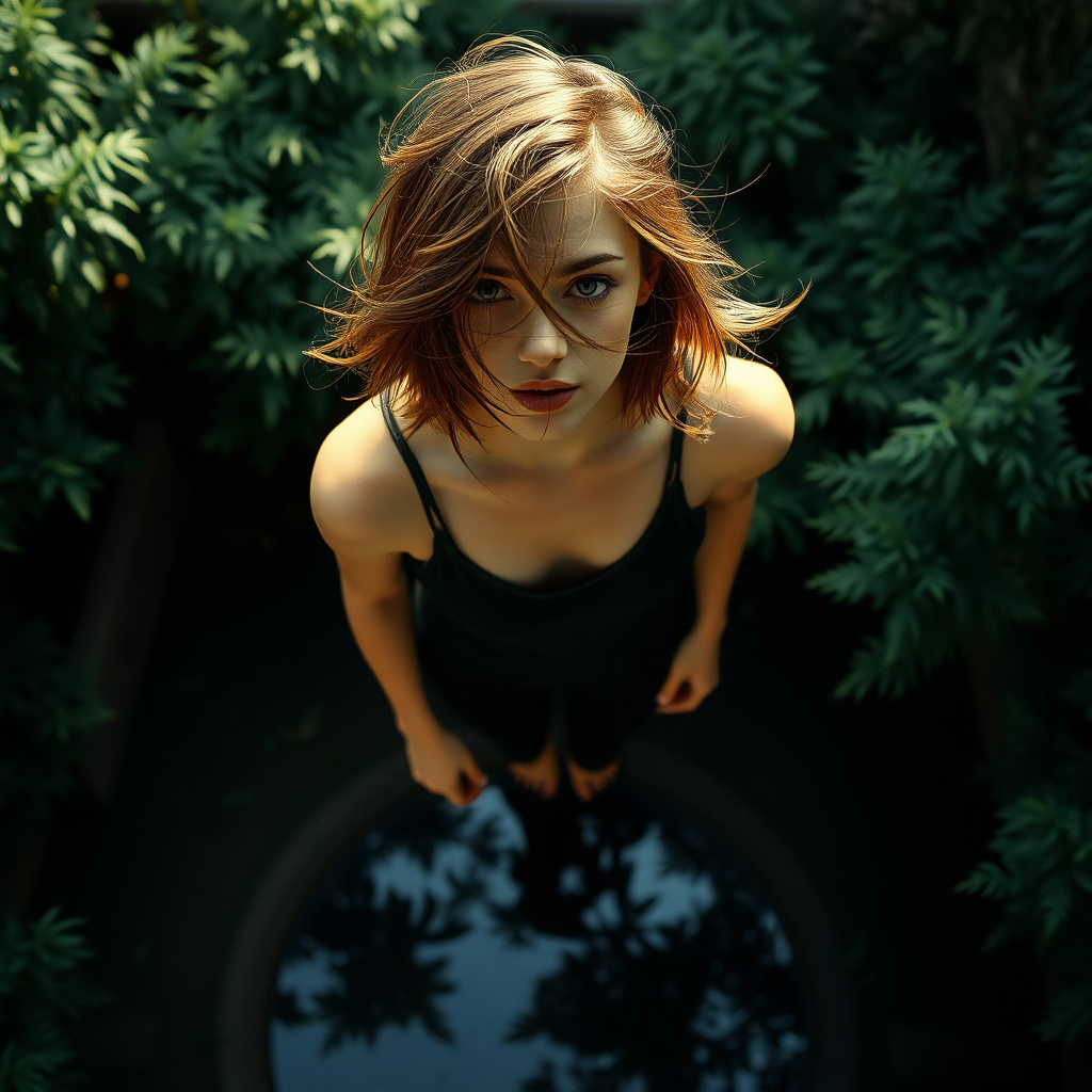 A full body shot from above, of a pretty twenty-something female with a face resembling (Ana de Armas), standing above a reflection of herself in a small pool of water in a dense forest. Messy shoulder-length hair tussled by wind. Inside a courtyard. Hyper-realistic, photorealistic digital matte painting, soft focus, film grain, lens flare. Gritty, dirty, scuffed.