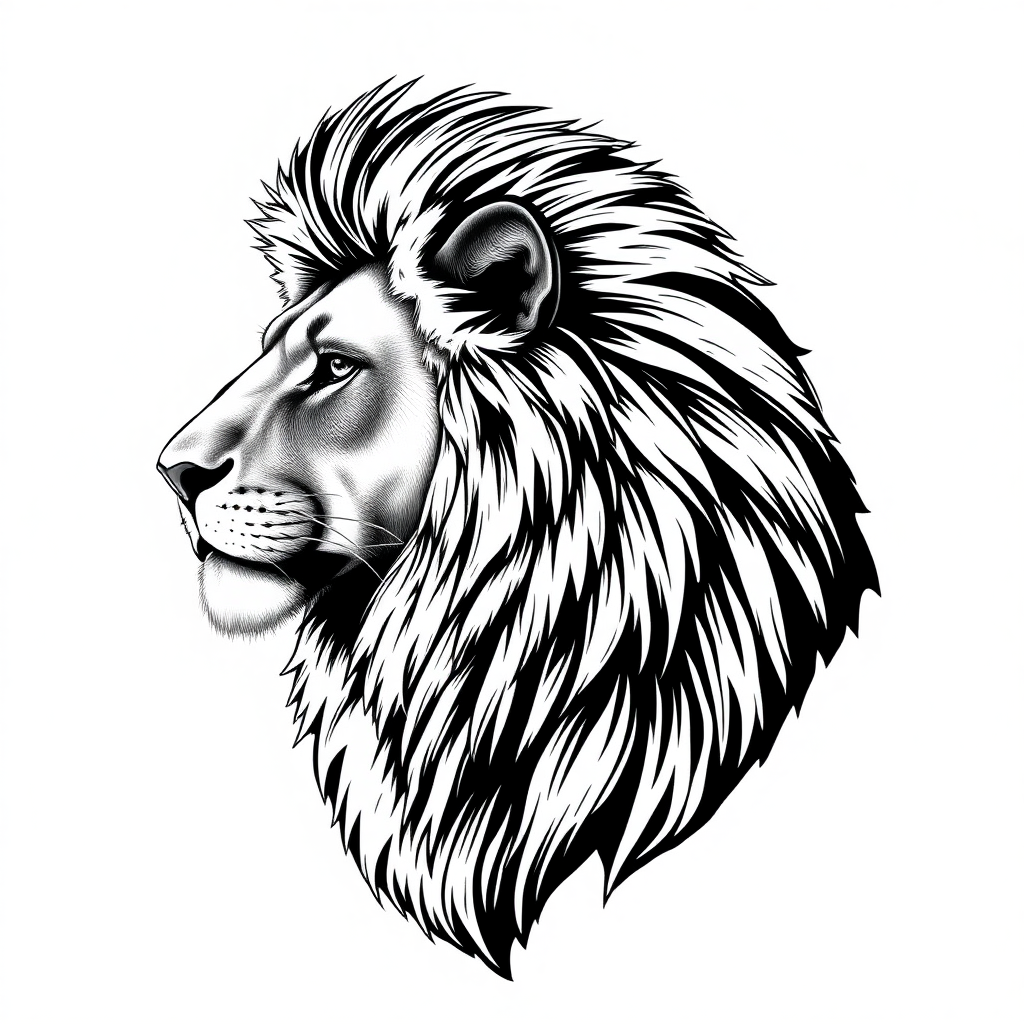 Create a realistic side profile illustration of a lion in black and white. The drawing should capture the intricate details of the lion's mane, facial features, and expression, conveying a sense of strength and majesty. The style should be artistic, resembling a high-quality sketch, making it suitable for use in branding or as part of a sports uniform design.