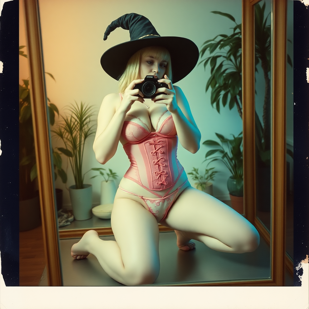 An old polaroid photo with a color tint to the photograph and visible light leaks. The photo depicts a reflection of a sexy alt goth girl with pale skin taking a self-portrait with an old film camera. She has a plump booty. Her mascara is running. She has large breasts with ample cleavage, and she is wearing a skimpy g-string that leaves a gap between her pubic area and thigh. The fabric of her g-string is skimpy and pink and white and barely covers her, and her bra is translucent and pink and white. She is in a photography studio with artistic lighting, and plants are all around behind her. She is kneeling with her knees spread apart above a large mirror. Her underwear is damp. She is wearing a witch hat. She is also wearing an underbust corset with a tentacle pattern on it.