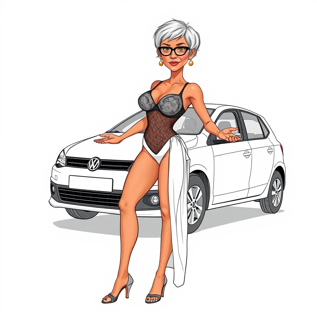 a towering 55 Years old, fit, slim, European, Latina, sharp aquiline nose, wrinkles, high cheekbones, Middle Eastern, Skinny, Tanned skin, Dark light skin, Rounded Medium breasts, Skinny thighs, full Makeup, jewelry, Serious face, Sharp nose, Ash hair, short bowl haircut, Brown eye color, Glasses, with detailed features. she is wearing embroidered black mesh balconette bras and a tight white high cut 1980s mesh cut out swimsuit and fully transparent white linen slit pleated mini skirt, detailed fabric, detailed fabric.  full body, high heels sandals, she is inviting the viewer to get in her VW white Polo V, 
long establishing shot, 2D, caricature, cartoon, Sketch lines, coloring book, coloring book style on white background, well composed, clean coloring book page, No dither, no gradient, strong outline, No fill, No solids, vector illustration, realistic proportions