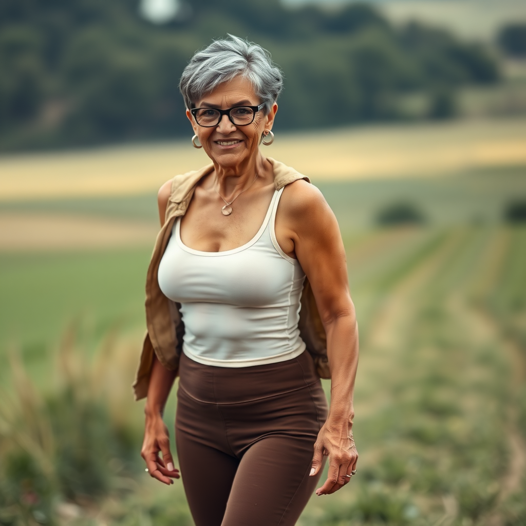 sexy Woman, 45 Years old, European, Latina, sharp aquiline nose, wrinkles, high cheekbones, Middle Eastern, Skinny, Tanned skin, Dark light skin, Makeup, Serious face, frowning, smiling, jewelry, Ash dark grey hair, bowl haircut, Slicked short hair, Short hair, black eye color, Glasses, detailed features, tight short white sheer tank top, bra line, jacket on shoulders, brown tight leggings, panty line, long legs, heart shaped ass, walking in the countryside, full body, long establishing shot, side back view