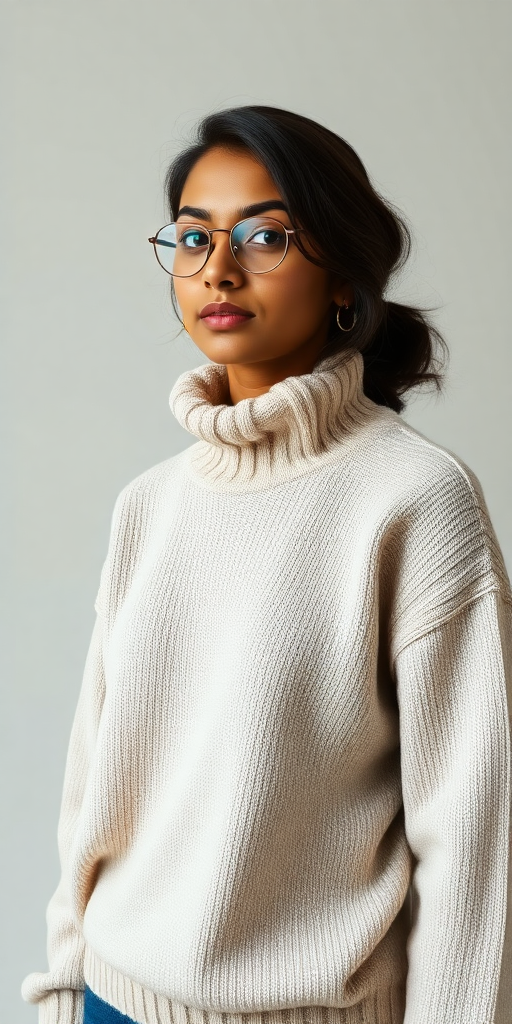 A fullbody photo of a nerdy 18 year old indian woman, wearing a baggy turtleneck sweater.