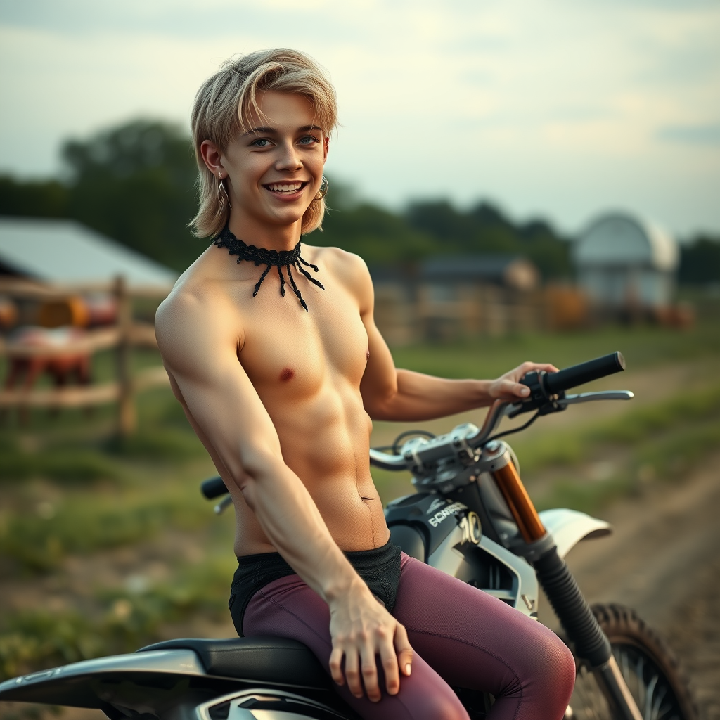 photorealistic, ultra high resolution, 16K, surreal fantasy, soft studio lighting, Caleb Swift is a pretty 16 year old goth male, slim male physique, shoulder length blonde hair, blue eyes, goth makeup, earrings, translucent purple pantyhose, black lacy trainer-bra, stilettos, spikey neck collar, riding a motocross bike in the farm yard during daytime, excited open mouth smile, bulging male crotch, full body in wide view facing the camera.