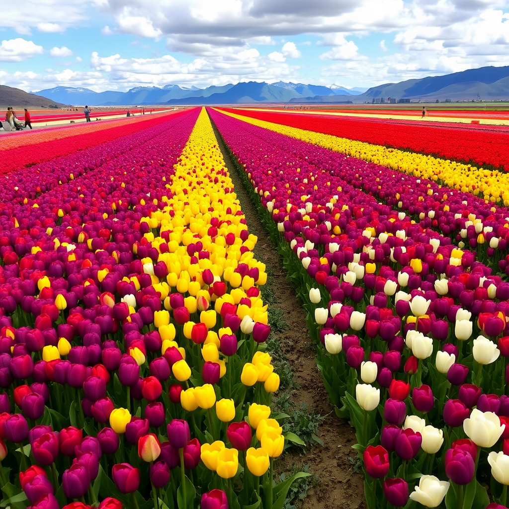 large and very long stretches of colorful solid-colored tulips in purple, yellow, red, and white, with mountains in the background and a sky with clouds and the presence of many people.