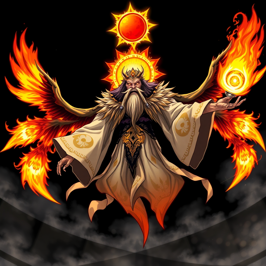 (High quality Anime styled art) Black background of a divine yet malevolent entity, embodying both holiness and corruption, floats ominously in mid-air. Four blazing, fiery wings radiate intense solar energy, while a shattered halo resembling the sun hovers above its head. Clad in flowing robes of white, gold, and black with solar patterns, the being's long beard sways as its wrathful, ember-like eyes burn with fury. In one hand, it grasps a searing solar flame, glowing in vivid shades of yellow and orange, exuding a powerful and foreboding energy.