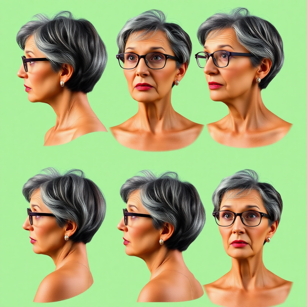 Photorealistic image of six headshots of a 50 Years old, fit, European, Latina, sharp aquiline nose, wrinkles, high cheekbones, Middle Eastern, Skinny, Tanned skin, Dark light skin, full Makeup, jewelry, Sharp nose, surprised, astonished, shocked, dark grey Ash hair, short bowl haircut, Brown eye color, Glasses, with detailed features. Each photo displays the same face in back, profile and front view, cut out and isolated on a green background. All six heads are visible side by side, empty space around each view, no overlapping.