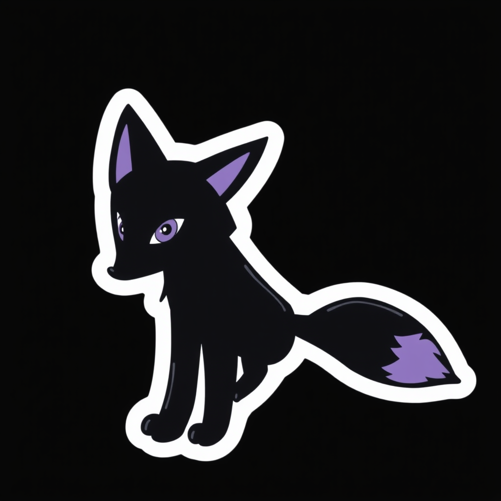 A sticker of a hand drawn black fox with purple eyes and tail tip. Simple black background