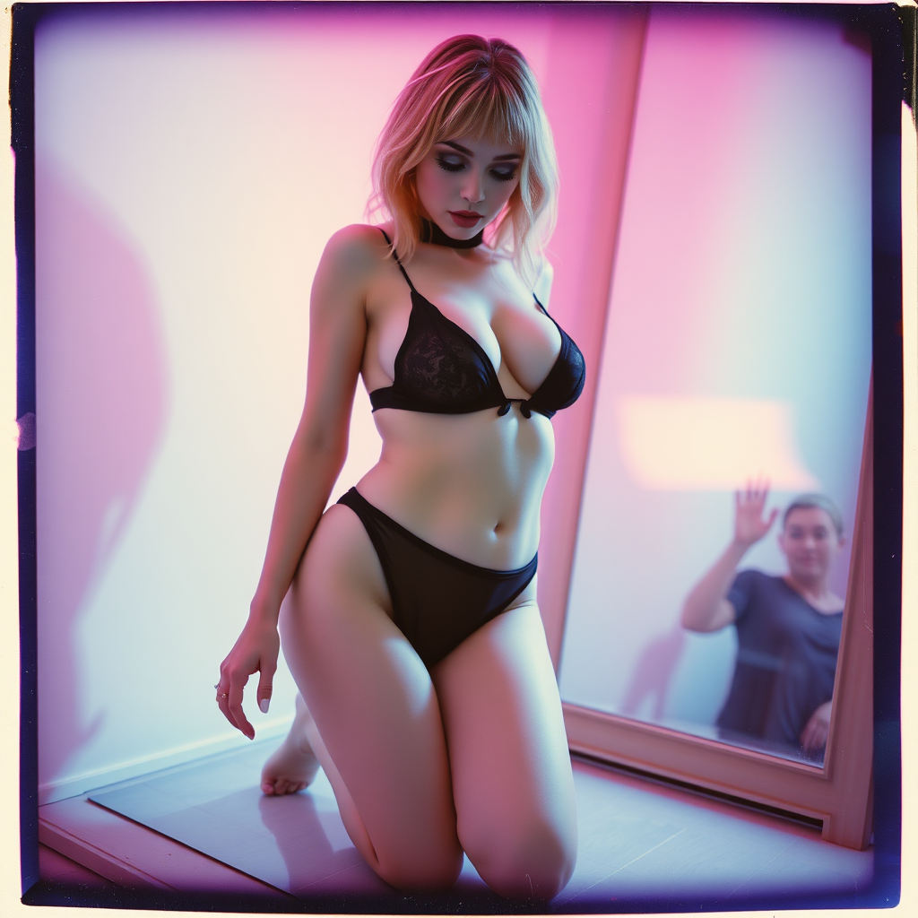 old polaroid photo with heavy vignetting and pink and blue artistic studio lighting color tint and light leak, depicting a sexy curvy thicc pale white alt goth girl with eye makeup, wearing a tiny revealing black see thru bikini gstring thong with a small outline of her labia and nipples visible, kneeling over a mirror