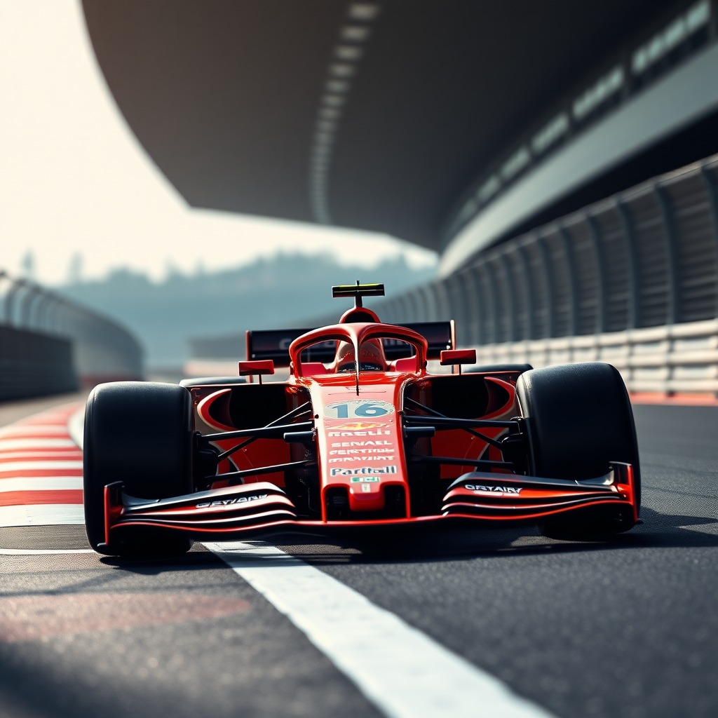 half F1 car coming from left in track photoshoot realistic