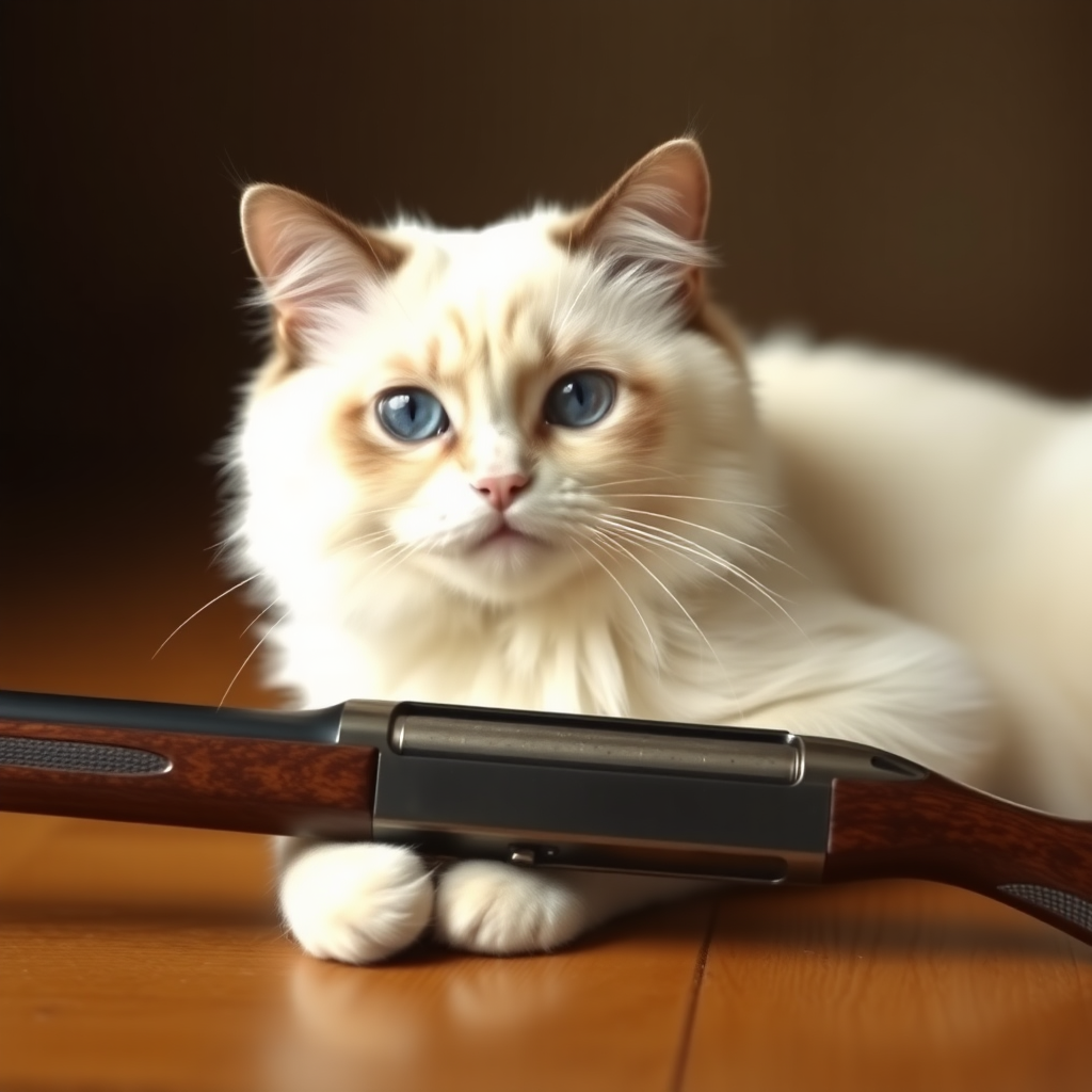 white ragdoll siamese cat with a shotgun