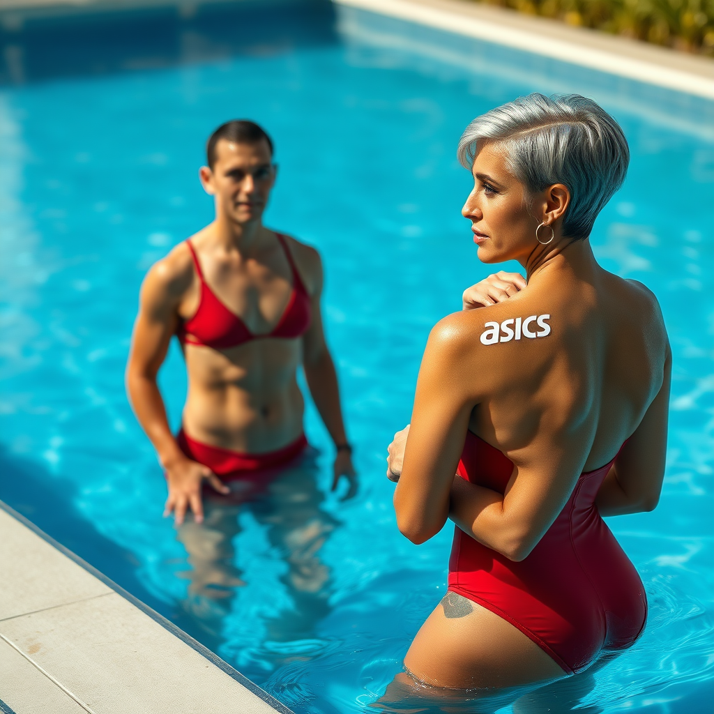 From the side of a swimming pool, an amazed 20-year-old European skinny pool boy is watching from a distance a gorgeous 45-year-old European Latina with a sharp aquiline nose, wrinkles, high cheekbones, Middle Eastern features, skinny and tanned skin. She has rounded medium-sized breasts, skinny thighs, a big rounded ass, full makeup, jewelry, and a serious expression. Her features include a sharp nose, a shocked smile, blushing cheeks, and an open mouth. She has ash-colored hair styled in a short bowl cut, slicked back, and brown eyes. She is wearing a tight, wet, red Asics one-piece swimsuit, seen in a full-body landscape wide shot, in focus.