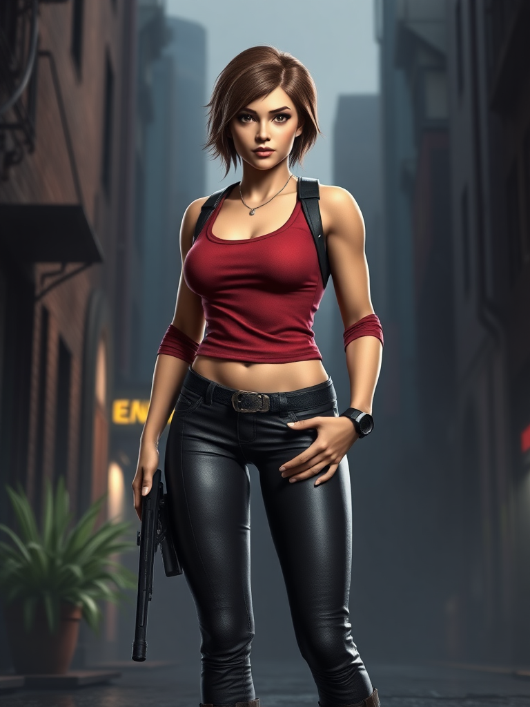 Create a hyper-realistic full-length render of Josie McCoy from Archie Comics, maintaining her original head while adapting her body type to match that of Leon Kennedy from Resident Evil. Ensure the body structure and silhouette reflect Leon's athletic build, while retaining Josie's signature style. Position the character in a background that harmonizes elements from both the Archie and Resident Evil universes, showcasing an appropriate setting that complements the blend of their worlds. Focus on intricate details, textures, and lighting to enhance realism in the render.