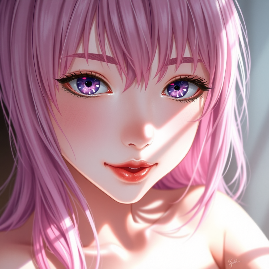 MeinaHentai model image, realistic, Delicate eyes, hyper detail, detailed pen touch, glass-like eyes, selfie, 1girl, pink hair, purple eyes, parted lips, blush, makeup, light smile, sex, sweat, wet, light rays, glow, thighs, collarbone, narrow waist, (masterpiece), wallpaper,