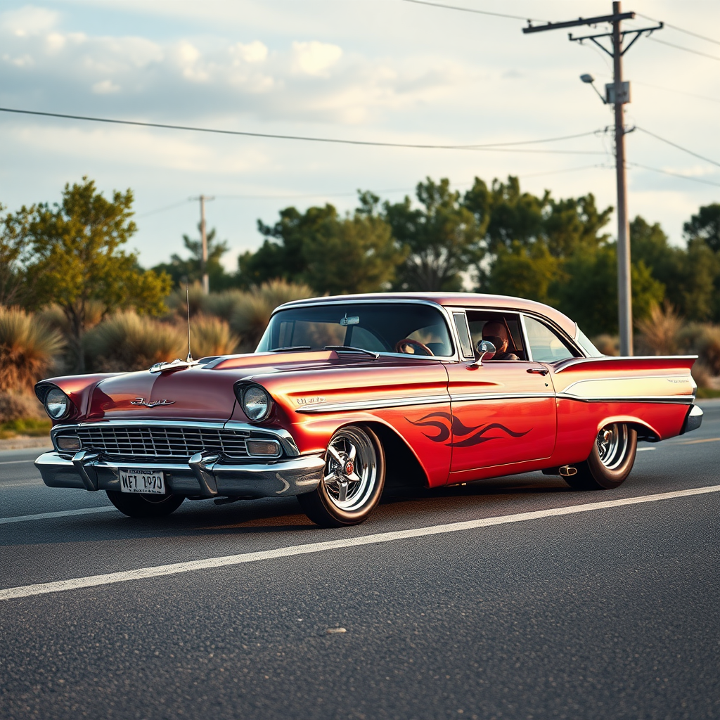 The drag car is parked on the side of the road, inspired by Taiyō Matsumoto, tumblr, restomod, nd4, c4 metallic shine classic american low rider custom paint ford