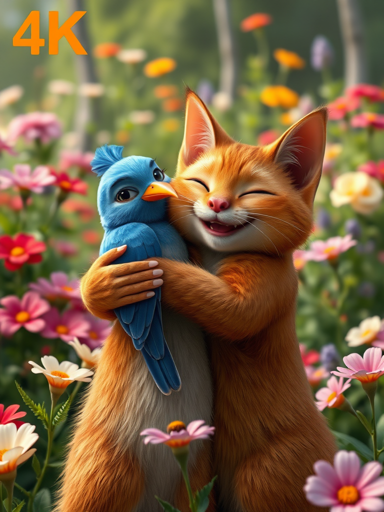 A realistic 4K scene of a Brown Cat and a Blue Bird embracing each other in a warm hug. Their expressions are filled with joy and affection, set against a vibrant garden filled with colorful flowers and lush greenery. The moment captures the essence of friendship and companionship between the two characters.