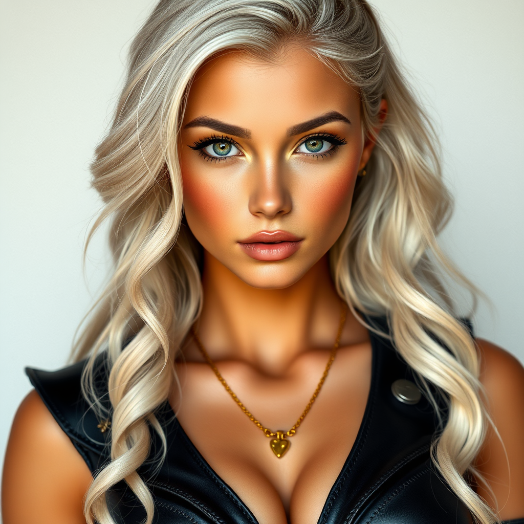 Portrait of a beautiful young woman with long wavy platinum blonde hair, light blonde eyebrows, green eyes, a suntan, and large breasts. She is wearing black leather armor and a gold necklace with a small heart pendant.