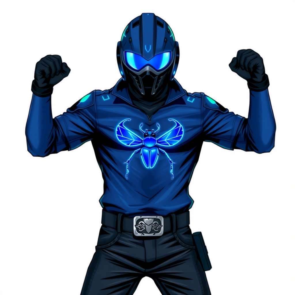 A 28-year-old hi-tech cyberpunk vigilante stands heroically, clad in hi-tech, maximum blue leather shirt featuring a neon blue beetle on the chest. He wears black biker pants, a black belt with a sapphire beetle buckle, and a helmet resembling a sleek, tactical design, but colored maximum blue with neon blue glowing lenses. Their hands are protected by black hi-tech gloves, all set against a solid white background. He is drawn as if he was in a retro 2D cyberpunk fighting game.