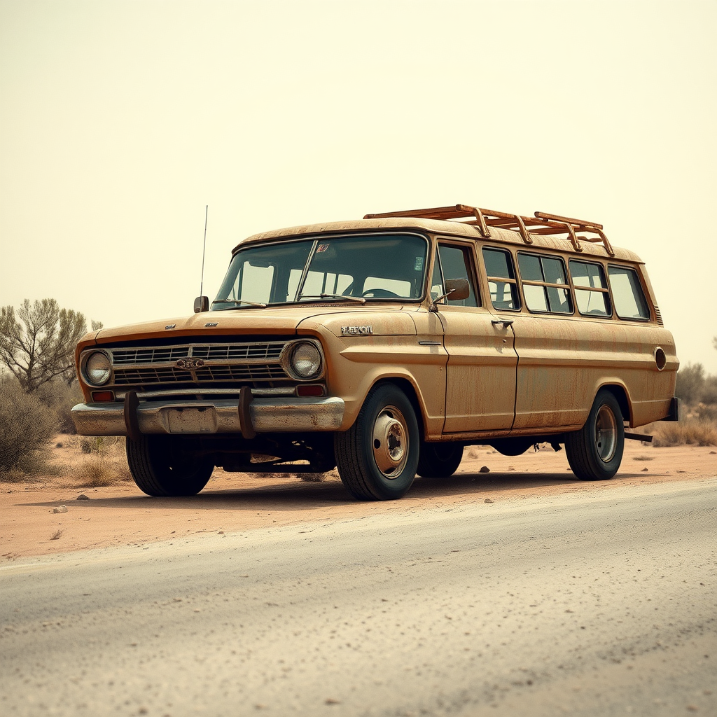 Ford Falcon Mad Max post Indian apocalyptic dust rusty zombie the bus is parked on the side of the road, inspired by Taiyō Matsumoto, tumblr, restomod, nd4, c4