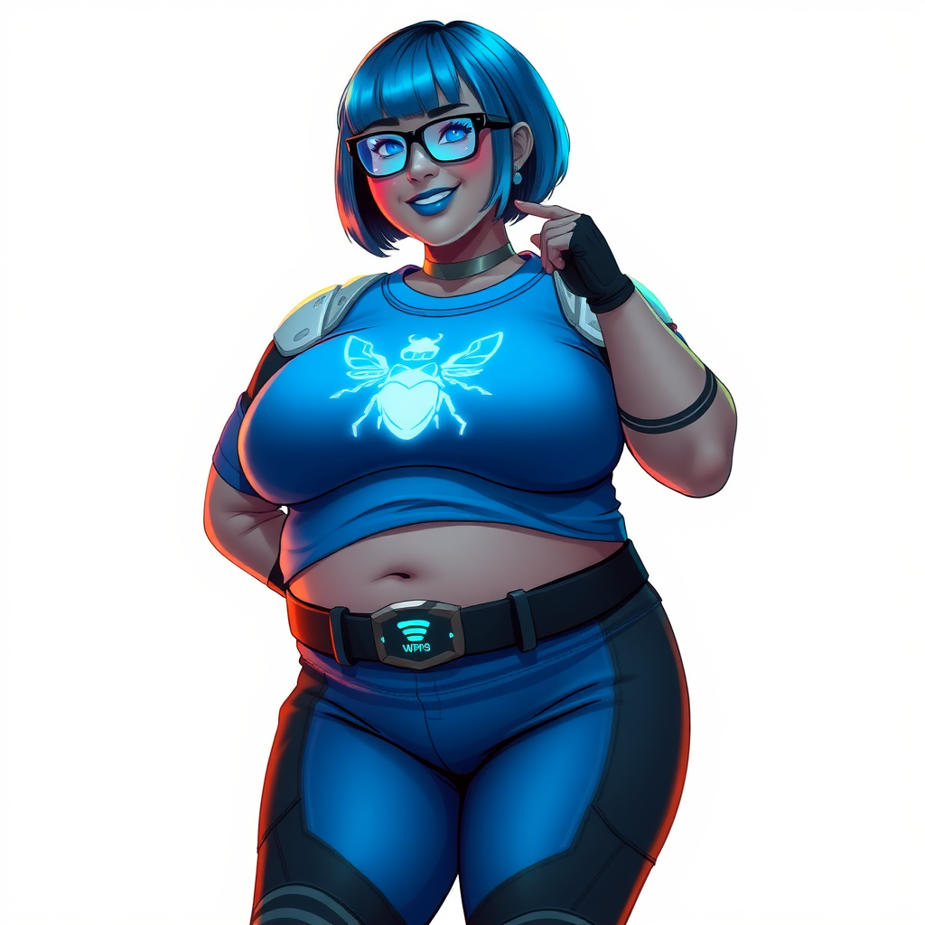 A 28-year-old, full-figured, metallic middle gray (N5) skinned computer program hybrid with a maximum blue bob cut. She has a non-athletic build, highlighted by a prominent, round, large midsection (with emphasis on her belly), which shows the effects of her new love of junk food acquired from her boyfriend. As the full-figured, nerdy, digital sidekick to her cyberpunk vigilante boyfriend, her metallic middle gray skin and maximum blue lipstick (5PB 5/12) emphasize her digital nature. Her skin has a subtle, animated glow, with digital patterns occasionally flickering across it, making her digital nature obvious. She wears a digital, computerized costume, consisting of a huge, tight-fitting, maximum blue t-shirt (5PB 5/12) with a neon blue glowing chest icon of a beetle, hi-tech shoulder pads with neon blue accents, a black hi-tech belt with a digital neon blue glowing buckle, digital maximum blue biker pants (5PB 5/12) with neon blue accents, and black hi-tech fingerless biker gloves with neon blue glowing accents. Her neon blue glowing eyes, black eyeglasses with neon blue glowing lenses equipped with a built-in HUD, and bashful smile with neon red blush accentuate her nerdiness. She stands bashfully with one hand behind her back and the other hand gently touching her cheek, her costume covering all her skin and emphasizing her full-figured physique (especially her belly). She is clearly non-athletic, with a focus on her full-figured physique. Despite her build, she radiates beauty. She has a slim face compared to her physique, accentuating her radiant beauty. She is on a solid white background. She is drawn as if she were in a retro 2D cyberpunk fighting game.