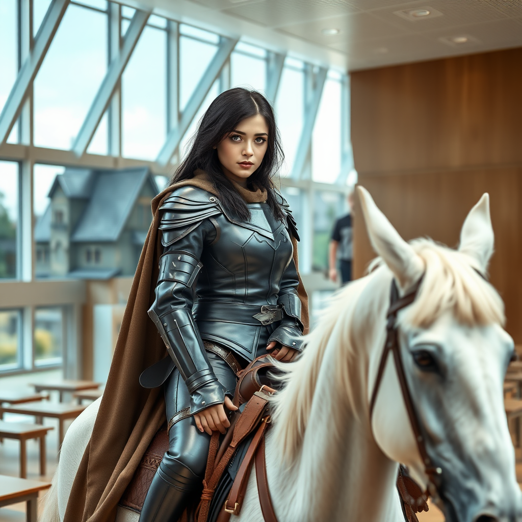 beautiful young woman, dark hair past her shoulders, blue eyes, small, slim figure, wearing full leather armor suit, long cloak, on a white horse in a large modern classroom, with back wall missing, looking outside to a fantasy, medieval village.