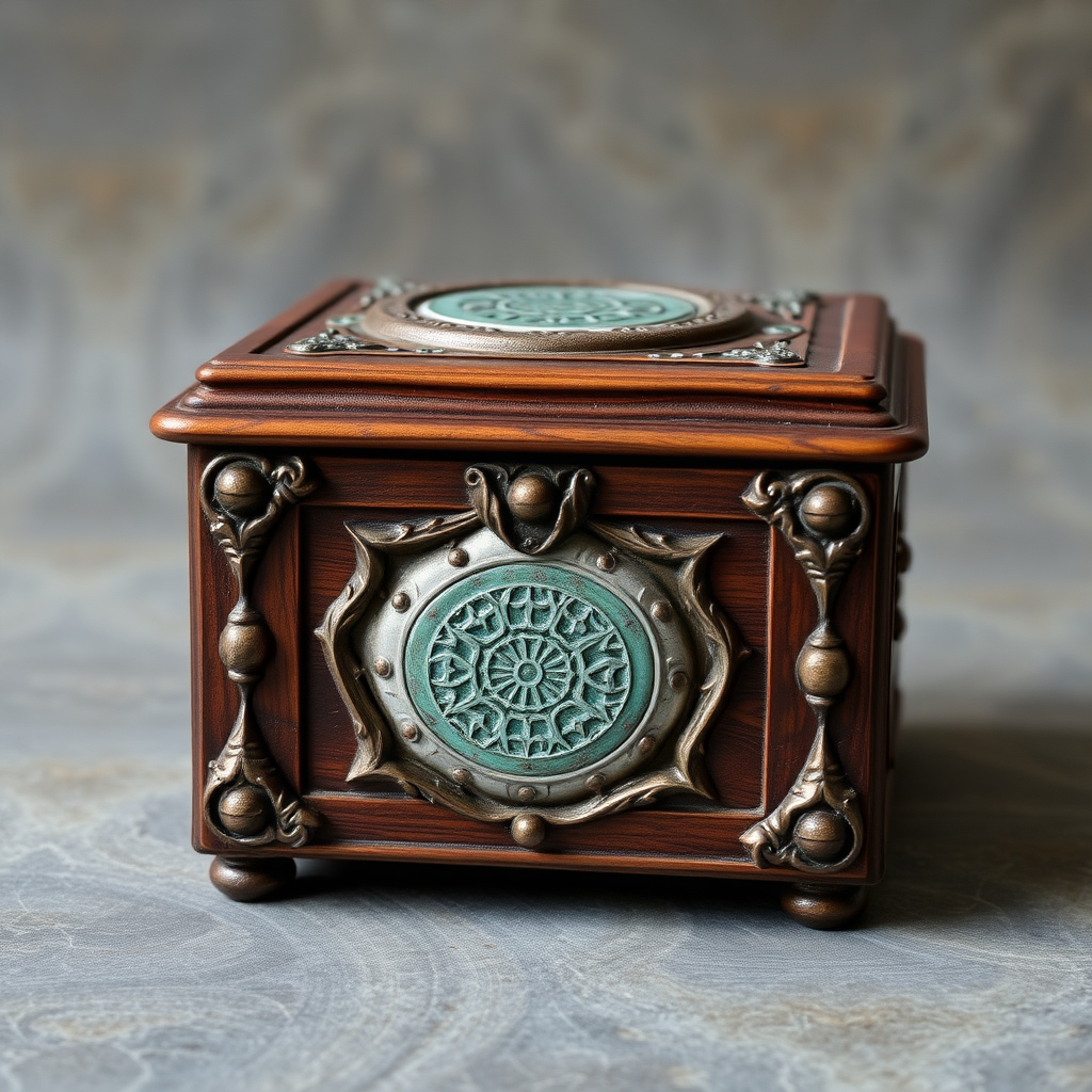 Decorative fantasy genre wooden box with stone inlay