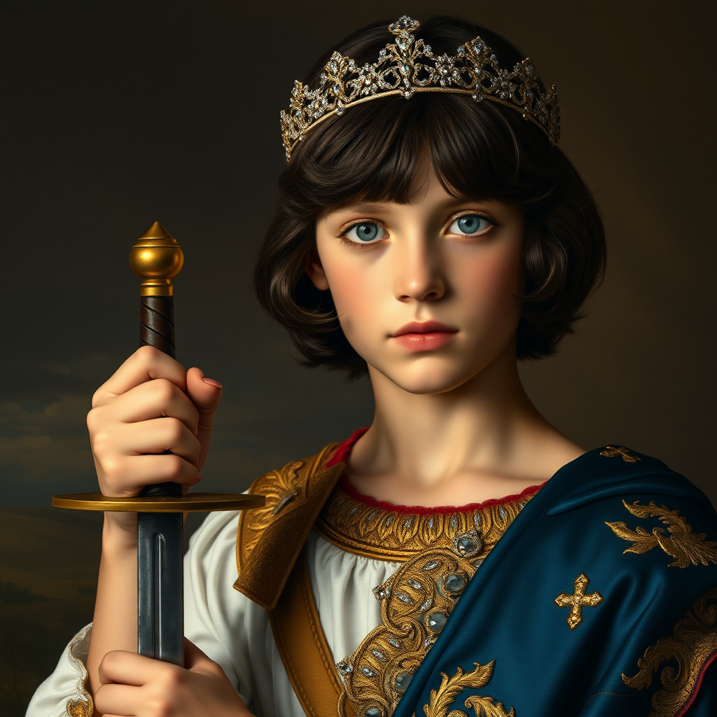 16yo teen boy prince holds his small sword in his right hand by the hilt, long bob cut, embroidered with gold and diamonds medieval cloths, diamond diadem, and Beautiful War, natural Skin Texture, visualization of embossed Skin using the play of light and shadow. Free style by 50% Adolphe William Bouguereau and 15% Sandro Botticelli and 35% Otto Lomüller, The background is in the style of landscape style by Antonio del Polaiolo. Studio lighting, professional lighting. Generating the signature at the bottom: FluxBach. ultra high resolution, 16K,