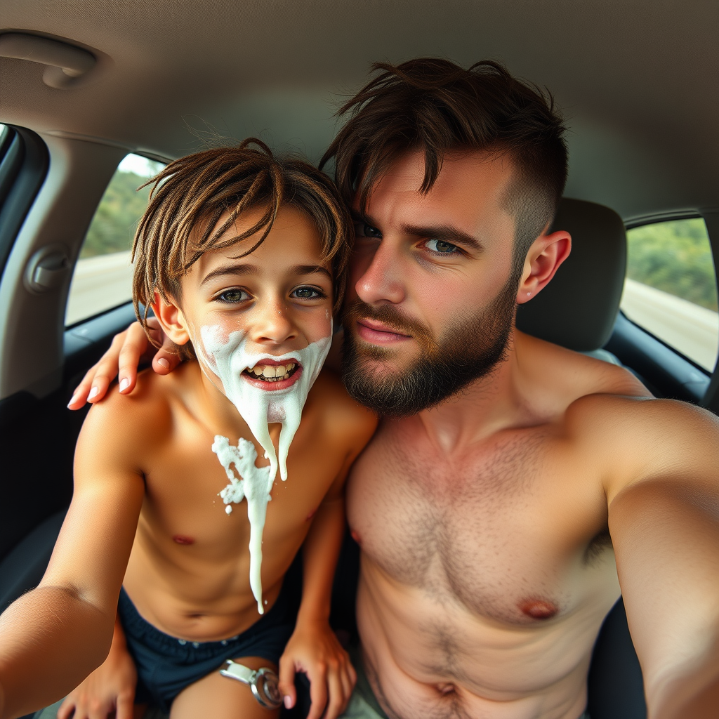 aerial selfie, selfie stick, confident athletic half dressed little 12-year-old boy with adorable hair and freckles kisses his dads, the boy is splattered with runny clear white mucous covering his face and drooling from his little mouth and dreadlocks and toes, he has braces, no clothes, his dad looks like his mind is blown by his little son, dads have hairy legs and barefoot, backseat of a small car