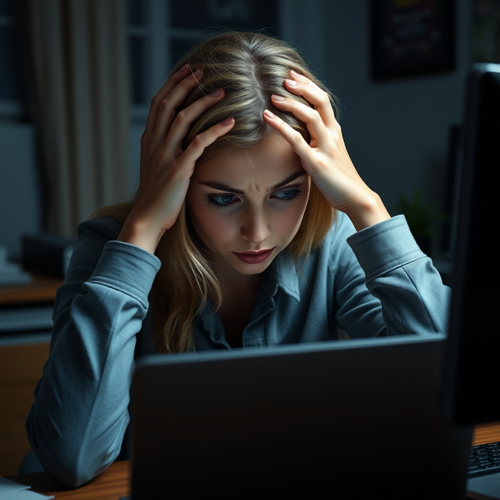 Create a detailed foto realistic scene of a desperate young nice blonde girl sitting in front of a computer. Her posture should reflect frustration, with her hands either on her face or gripping her head. Her surroundings are a typical home or office workspace, with dim lighting adding to the tense and stressful mood. The computer screen could show error messages, glitches, or something causing her distress. The woman’s expression should be a mix of anxiety, exhaustion, and very despair and sad with subtle attention to facial details like furrowed brows or clenched jaws.