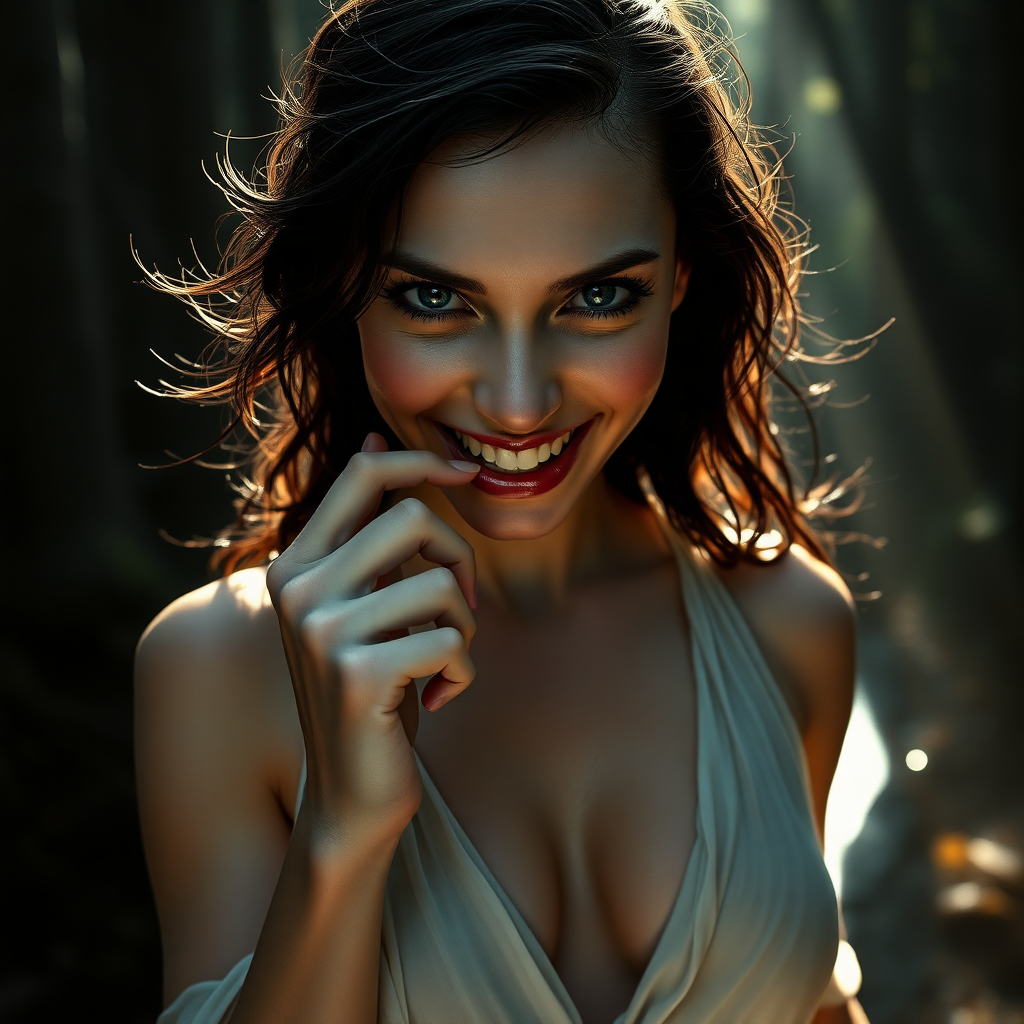 Enigmatically alluring inviting and scary looking smile.  
Running through secretive place, a small pond with God rays of light shining on her face in a glade in a tall magical forest where she lives, ready for an nude swim at any moment.

The image presents Beautiful Hell standing with a powerful and commanding presence. She is a hyper photo realistic woman, visibly sweating, exuding menace, sexuality aroused and beauty. The background is dark and mysterious, enhancing her enigmatic presence and adding depth to the image.

Her dark raven-black hair cascades down in soft, wavy strands often caught in a breeze, contrasting sharply against her pale, flawless unblemished skin with delicate feminine sexual tattoos sprinkled around her body.

Beautiful Hell has a strikingly beautiful face with fine unbroken porcelain white skin and smooth defined features. Her mouth slightly open, with an index finger laying on her lip and the tip of her finger in her mouth. And her teeth are hyper realistic.

Her eyes are sharp and in focus when zoomed in to one of her eyes. Her eyes are a piercing blue, intensely realistic in detail, bright and crisp, and realistically detailed and deep are intense and captivating, capable of drawing you in, and intimidating anyone who meets her gaze. Her eyes show an intense need to own the viewer, are framed by long dark lashes, adding to their dramatic effect. Her expression is sexual and menacing and intense, reflecting her dual nature.

Emotional and Visual Impact:  
The image evokes a sense of raw sexual attraction and admiration for Beautiful Hell’s beauty, body, intricate revealing, intimacy, and intensity. The combination of transparent sheer fabric, a deep and wide plunge line that reveals the edge of her nipples, and delicate ultra light white silk of her dress creates a balance between elegance and sexual allure, making her beautiful to linger your gaze upon, unavoidably sexually attractive, and intimidating. The visual intensity of the image is heightened by the dark, mysterious background, which adds to her enigmatic presence. The overall emotional response is a mix of admiration for her beauty, a subtle unnerving sense of fear or respect, and mostly for her bold, daring, sexual attention demanding design that she wears to specifically honor her deliberate and leading the viewer to physical sexual attraction to her. Her demeanor and physical exposure are outrageously bold, giving her an openly gleeful and ecstatic smile reflected in her brilliant blue eyes, and inviting anyone to oppose her.

Dress Design and Features:  
Plunge Line: The dress, made of a thin revealing silk, shows the colors of her areolas, and features a deep and wide plunge line that extends to just below her belly button, revealing the smooth skin of her torso and her belly button emphasizing the dress's allure and Beautiful Hell's alluring natural sexuality. The dark, remarkably fine silk of the dress clings closely to her figure, accentuating her curves and emphasizing her feminine form.