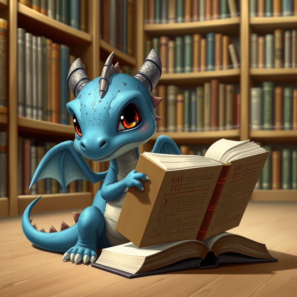 A realistic bored blue small dragon with two legs, two arms, black eyes with red pupils and wings in a library reading from a large book that is sitting on the ground beside him.