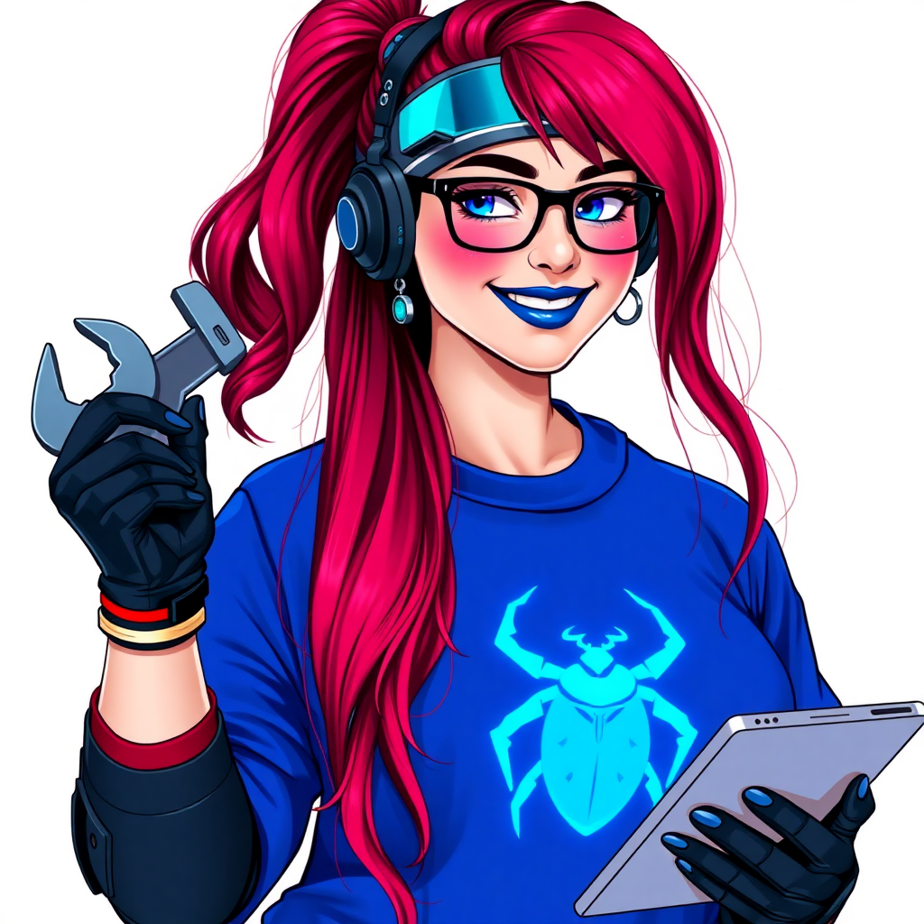 A full-sized, intelligent and tech-savvy 28-year-old computer hacker and tech genius. She has a long ruby red ponytail. She wears maximum blue lipstick, blue eyes, a sapphire beetle gemstone necklace, sapphire earrings, black eyeglasses, hi-tech power gloves, and a gigantic oversized maximum blue t-shirt featuring a neon blue glowing beetle chest icon. She has a full-figured physique with a round gargantuan midsection, reflecting her well-cared-for lifestyle. She sports a sapphire headset with a hi-tech maximum turquoise lensed HUD, and a beaming smile accentuated by a passionate neon red blush. She serves as his tech expert from his hideout, holding a futuristic tool wrench and a futuristic digital tablet. The background is solid white. She is drawn as if she was in a retro 2D cyberpunk fighting game.