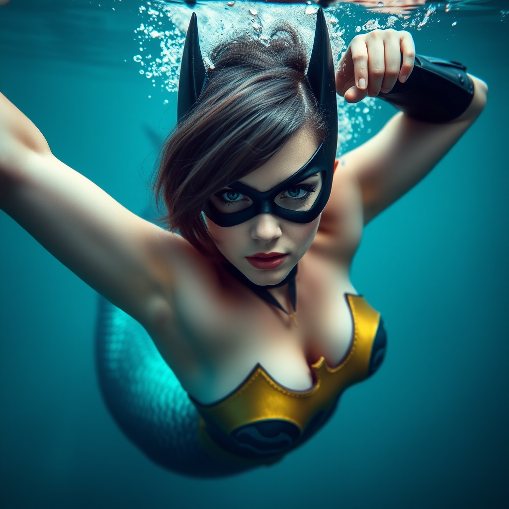 Batgirl as a mermaid. She's floating underwater with arms up. She's looking intensely at the viewer of the photo. The eye contact is palpable and mystical. Her short hair floats like a beautiful nimbus around her head and her shiny scaled tail is curled beside her. Gossamer Diaphanous. HD DSLR Photo