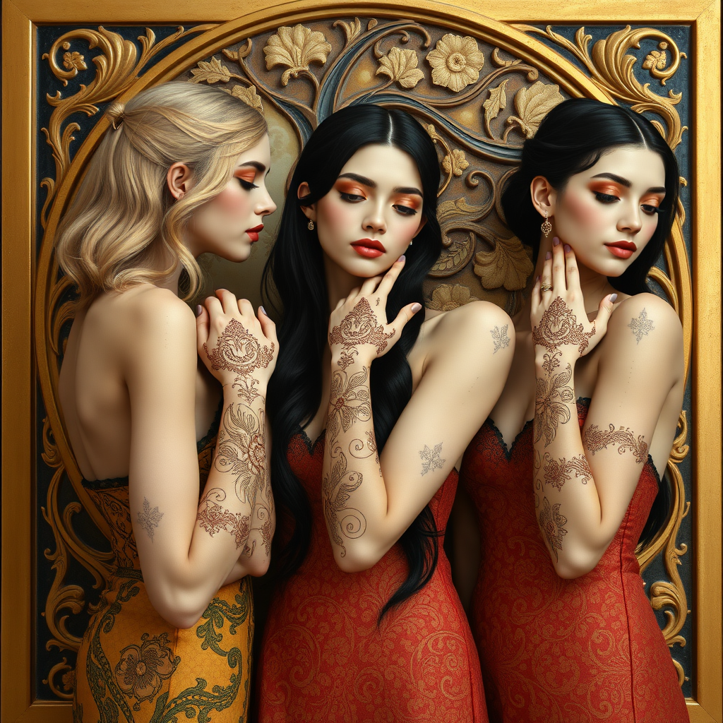 Prompt by picture with: In the Max Klimt style. Women (one is blonde and two are black-haired) with filigree henna tattoos on their hands and arms stand in front of an Art Nouveau relief. They have very, very white skin. The hairstyles are also in Art Nouveau. The picture has an old gold thin old gold surround.