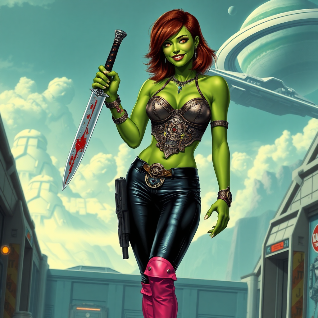 Tall, beautiful green skinned woman. Her brown hair is in a shag-cut style. Her eyes are gold. She is dressed in an ornate metal bra. She is wearing black leather pants, with pink knee high boots. She is holding a large, bloody dagger in a threatening manner. She is smiling. A sci-fi looking gun is holstered at her hip. She is at a sci-fi space-port. A spaceship is seen in the sky, a ringed planet behind it.