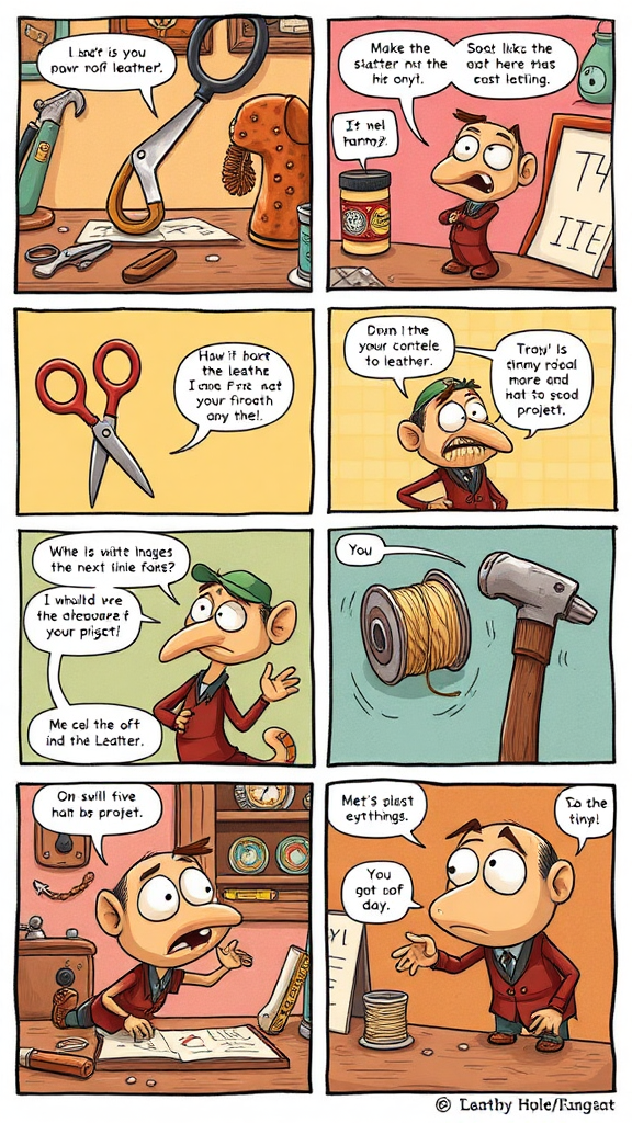 a whimsical 6-panel comic strip featuring anthropomorphized leathercraft tools and materials that come to life in a vibrant leather workshop. The main characters include a sassy pair of scissors, a witty roll of leather, a flamboyant spool of thread, and a grumpy hammer. Each panel unfolds a comedic mishap as they navigate their day, from accidentally stitching themselves into a quirky outfit to a dramatic showdown over who gets to pick the next project. The art style is a blend of playful cartoon aesthetics with rich, textured illustrations reminiscent of vintage craft manuals, infused with bright colors and exaggerated expressions.