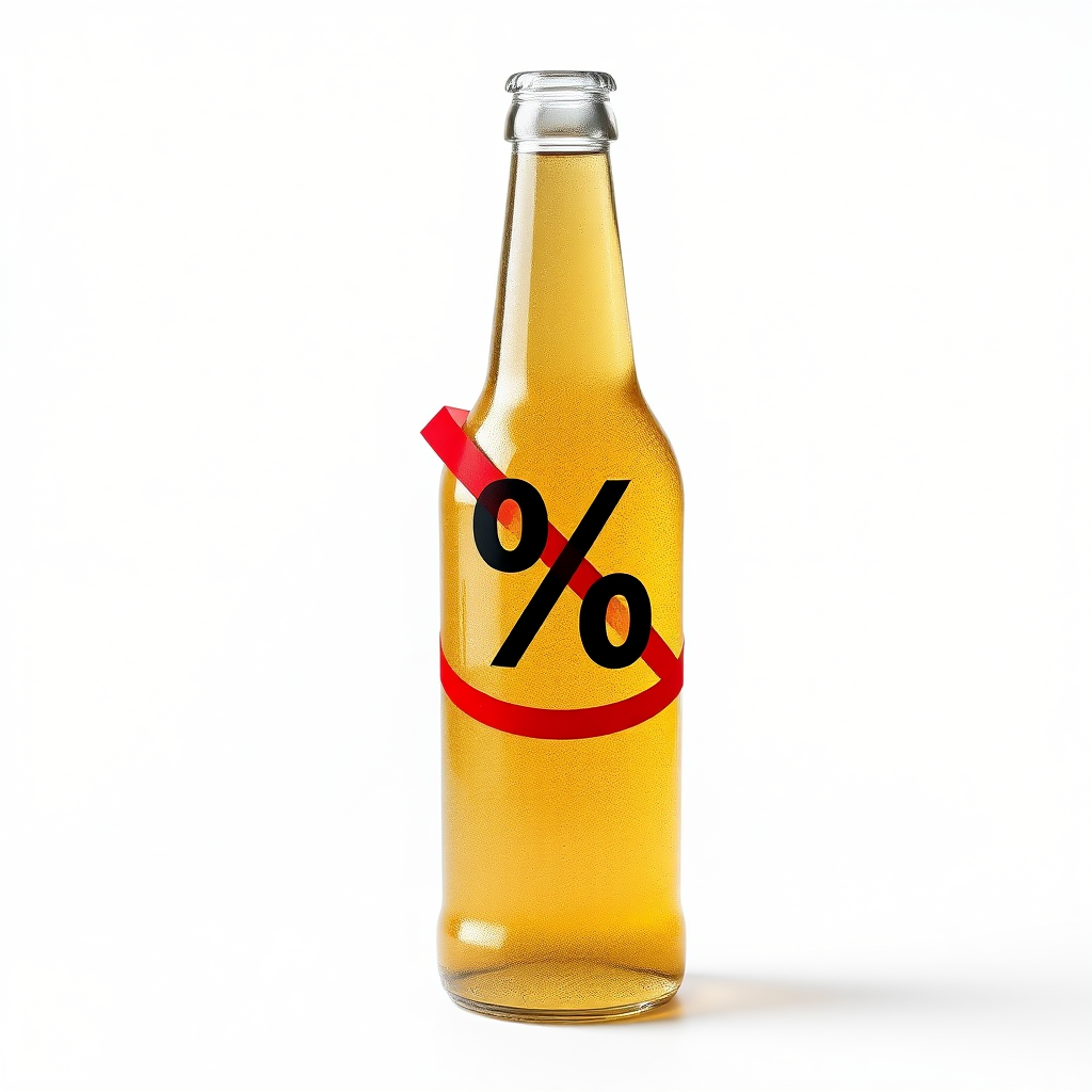 A photo of a beer bottle with a black percent symbol crossed in a red circle on white background