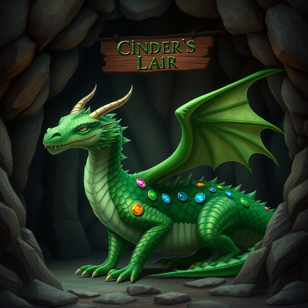 A photo realistic green dragon with gem scales in a dragon cave with a sign above it that says "Cinder's Lair"