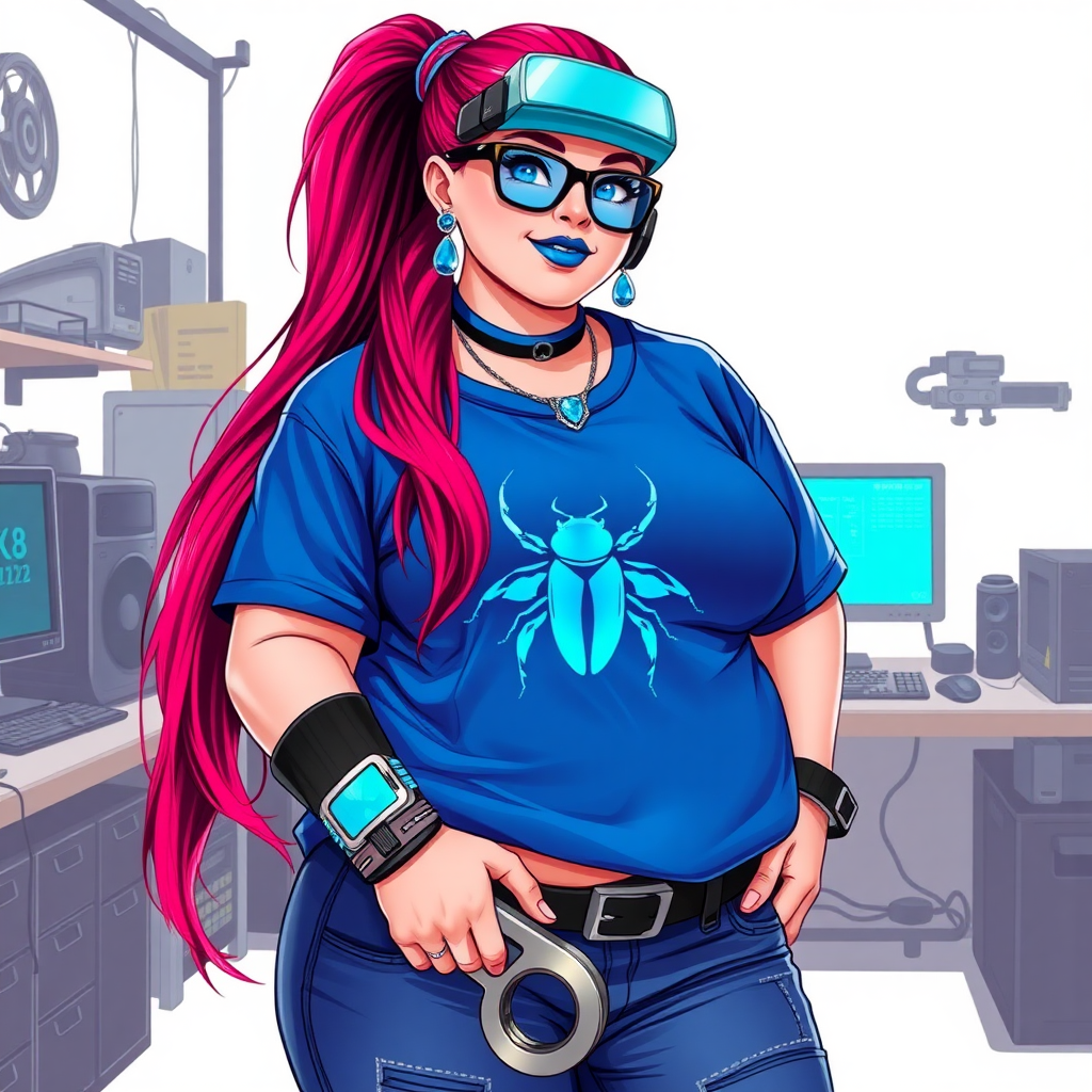 A cyberpunk vigilante’s full-figured intelligent and tech-savvy 29-year-old girlfriend, who is a computer hacker and tech genius. She has a long ruby red ponytail streaked with sky blue. She wears maximum blue lipstick, blue eyes, a sapphire beetle gemstone necklace, sapphire earrings, black eyeglasses, a futuristic holographic wristwatch computer, and an oversized maximum blue t-shirt featuring a neon blue beetle chest emblem. She has a full-figured, well-rounded physique with a prominent, round midsection, reflecting her well-cared-for lifestyle. Her round midsection is broadened and bloated to emphasize her figure. She sports a sapphire headset with a high-tech maximum turquoise lensed HUD, and a shy smile with a neon red blush. She is holding a futuristic hi-tech wrench while standing in her workshop in front of her computer desk and work bench. The background is solid white. She is drawn as if she was in a retro 2D cyberpunk fighting game.