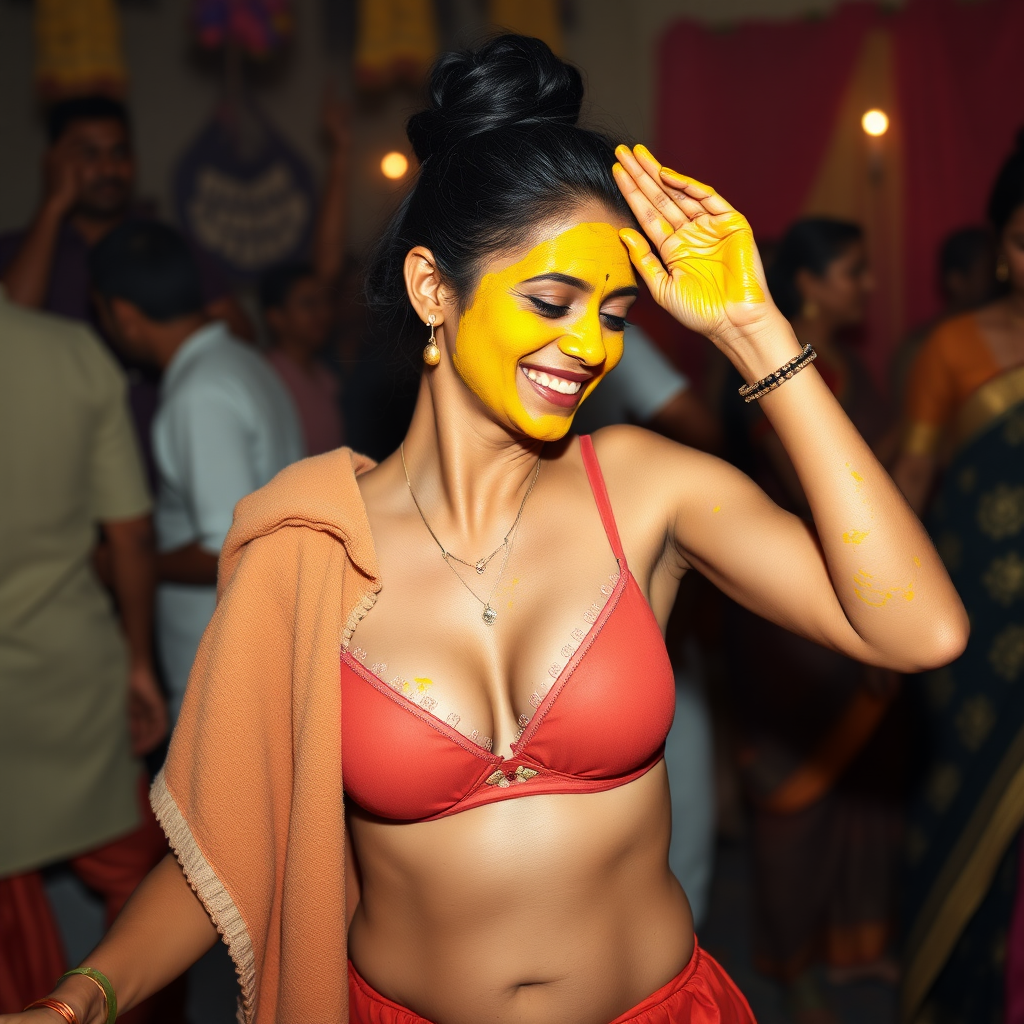 A skinny, 30 year old Indian wife with hair bun, wearing a bra, skirt and a short towel on her shoulder. Her face is covered with turmeric face mask. She is dancing in a party.