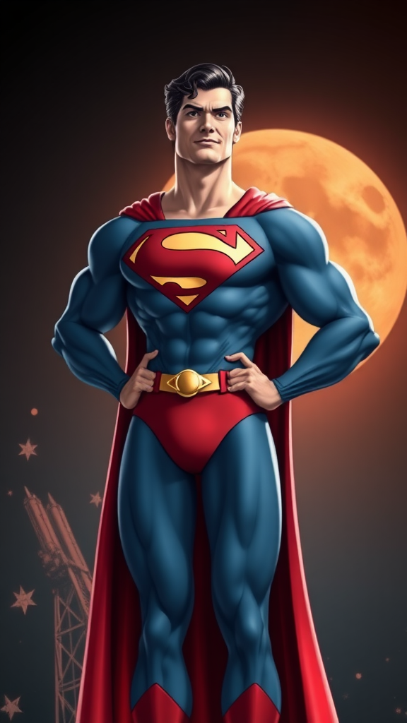 Create a full-length image of Superman, featuring the musculature of Jessica Rabbit and adjusting the body's silhouette to match her curves. Retain Superman's head, hairstyle, and facial features. Add embellishments to his classic costume, altering it to fit the new proportions. Design a background that blends elements from both characters, showcasing iconic attributes that reflect their universes while maintaining harmony and balance in the composition.