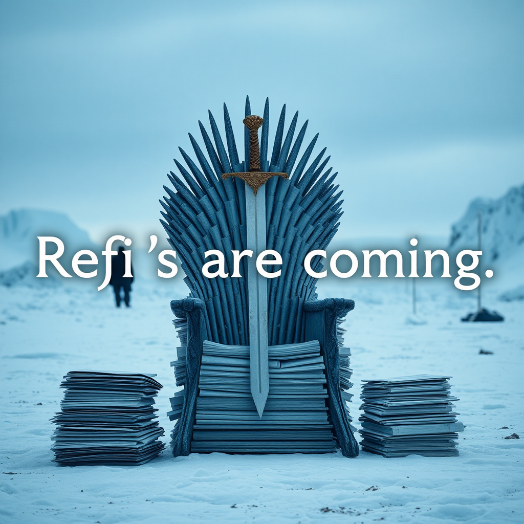 A movie scene in Antarctica depicting the game of thrones sword chair made out of stacks of paper. The text in the background says “Refi’s are coming.” Epic theme and high quality cinematic elements.