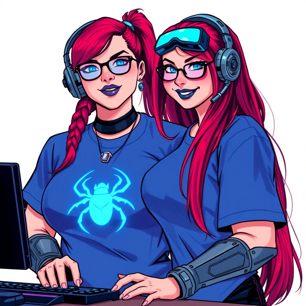 A cyberpunk vigilante’s full-figured intelligent and tech-savvy 29-year-old girlfriend, who is a computer hacker and tech genius. She has a long ruby red ponytail and bright blue eyes. She wears maximum blue lipstick, a sapphire beetle gemstone necklace, sapphire earrings, black eyeglasses, hi-tech metal arm armor, and an oversized maximum blue t-shirt featuring a neon blue glowing icon of a scarab beetle on its chest. She has a full-figured physique with a giant, round midsection, reflecting her well-cared-for lifestyle. She sports a sapphire headset with a hi-tech maximum turquoise lensed HUD, and a beaming smile with a passionate bright red blush. She serves as his tech expert from his hideout, diligently working at her lab table and computer desk. The background is solid white. She is drawn as if she was in a retro 2D cyberpunk fighting game.