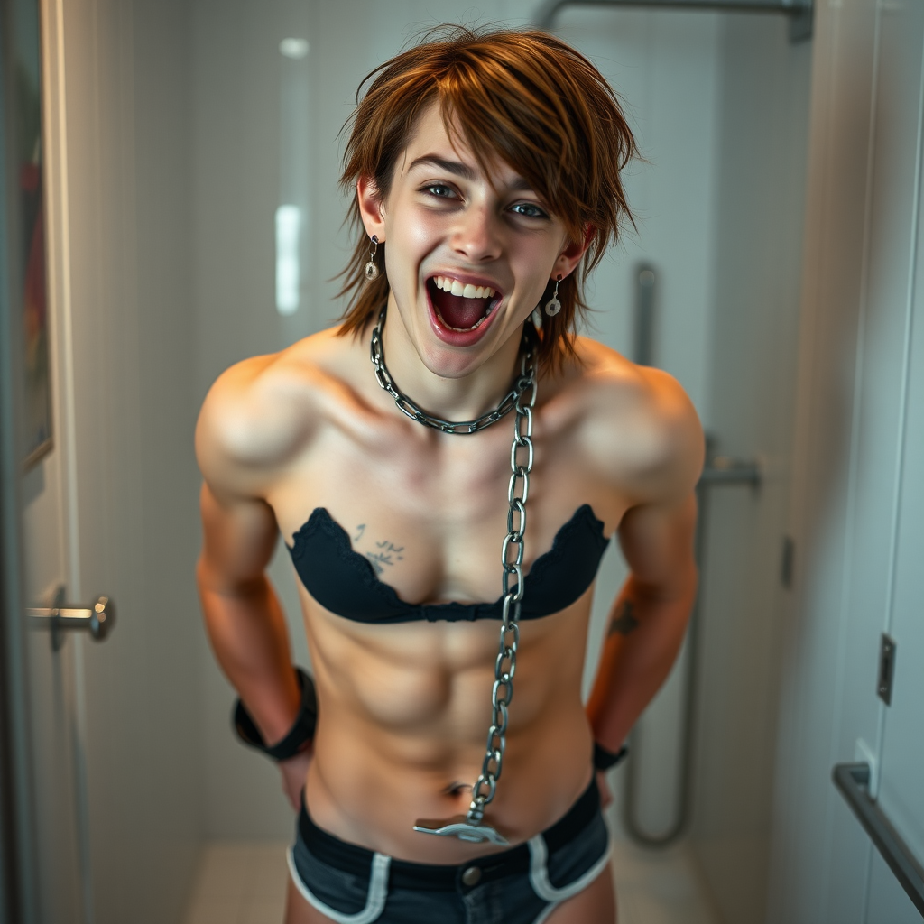 photorealistic, ultra high resolution, 16K, surreal fantasy, studio lighting, a pretty 16 year old goth boy, slim male physique, shoulder length brown hair, goth makeup, earrings, spiky chain and leash, handcuffs, trainer-bra, pantyhose, white ballet shoes, in the bathroom, excited open mouth smile, facing the camera,