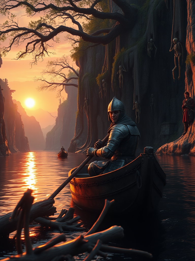 A photorealistic epic cinematic film still of a knight, his armor dented and bloodied, leaning against a rough-hewn wooden oar in a small, battered boat. The boat is adrift on a river, the water a dark mirror reflecting the fiery sunset. The river winds between towering cliffs, their faces scarred with overgrown ruins and draped in thick vines. Trees gnarled with age cling to the cliffs, their branches heavy with hanging skeletons and weathered warrior armor. The ruins are a testament to a past war, and the air hangs heavy with the scent of decay. Zombie knights, their bodies wracked with dark green mystical energy, can be seen lurking in the shadows of the cliffs. The sun, a fiery orb, hangs low on the horizon, casting long shadows across the scene as the river slowly spills out into the ocean beyond the cliffs. There is a sense of epic struggle and the weight of history in the air. some foreground dead logs and twigs foliage out of focus