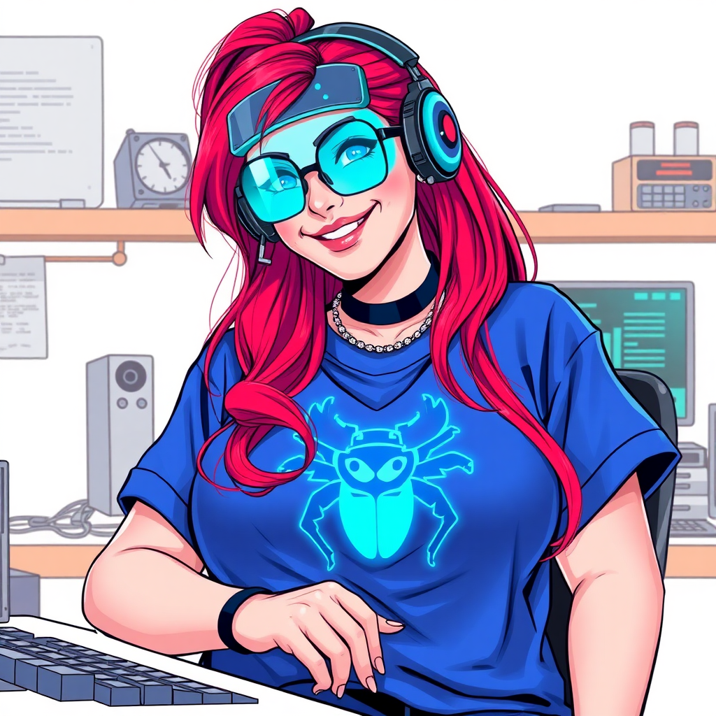 A cyberpunk vigilante’s full-figured intelligent and tech-savvy 29-year-old girlfriend, who is a computer hacker and tech genius. She has a long ruby red ponytail and bright blue eyes. She wears a sapphire beetle gemstone necklace, and an oversized maximum blue t-shirt featuring a giant neon blue glowing icon of a beetle on its chest. She has a full-figured physique with a prominent, gargantuan, well-rounded midsection, reflecting her well-cared-for lifestyle. She sports a sapphire headset with hi-tech maximum turquoise lensed HUD visor, black eyeglasses, and a beaming smile with a passionate bright red blush. Despite her figure and a lack of self-esteem, she radiates an air of beauty. She has a slim face which contributes to her radiant beauty. She serves as his tech expert from his hideout, diligently working at her lab table and computer desk. The background is solid white. She is drawn as if she was in a retro 2D cyberpunk fighting game.